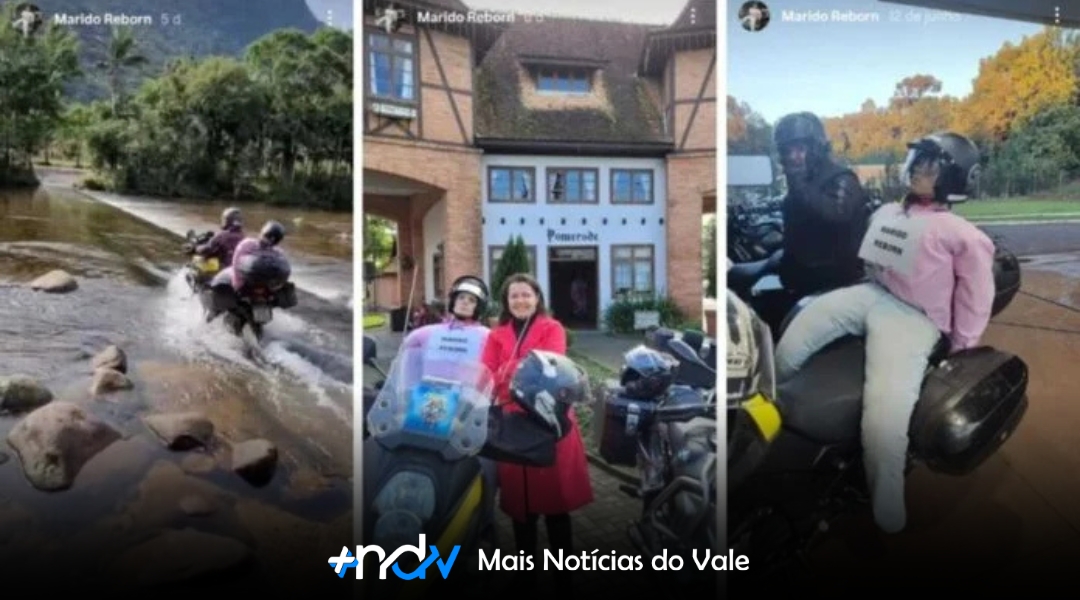 Turista viaja de moto por Santa Catarina com “marido reborn” e viraliza nas redes