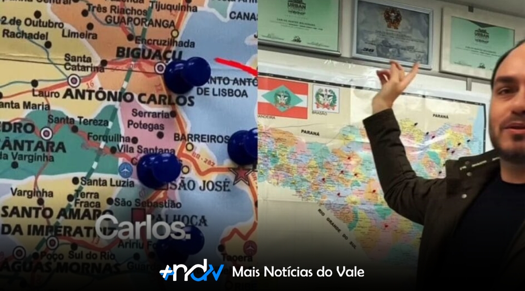 Carlos Bolsonaro “desembarca” em SC com mapa do Estado no gabinete do RJ