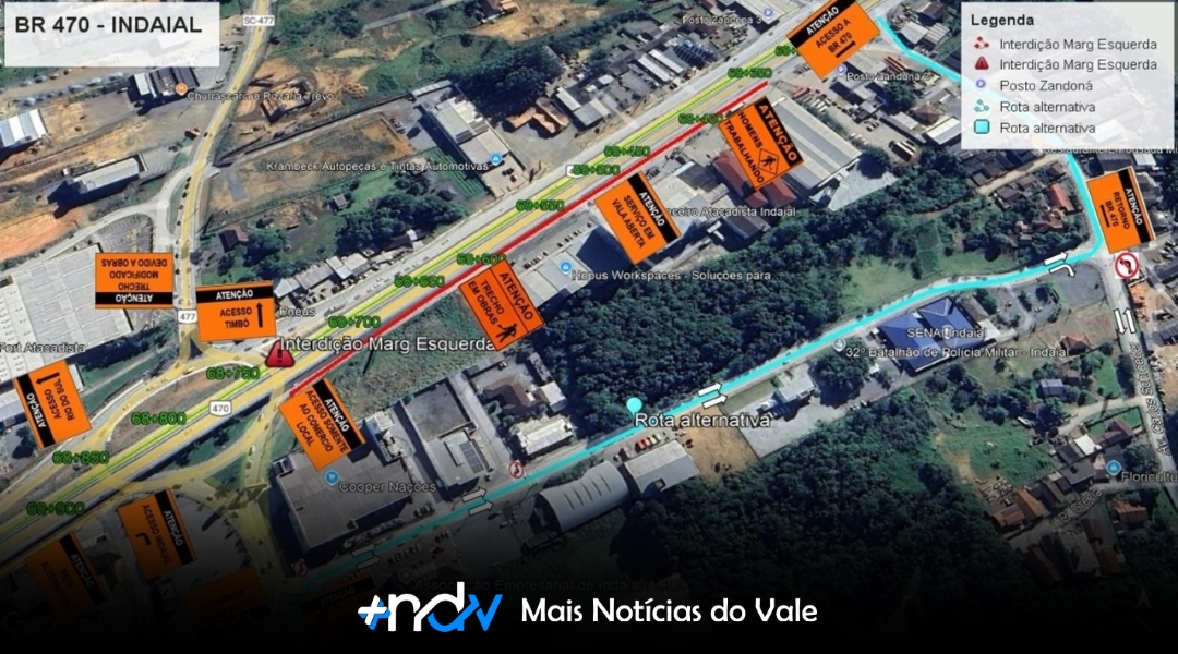 Interdição total em trecho da BR-470 entre Indaial e Blumenau inicia nesta quinta-feira (31)