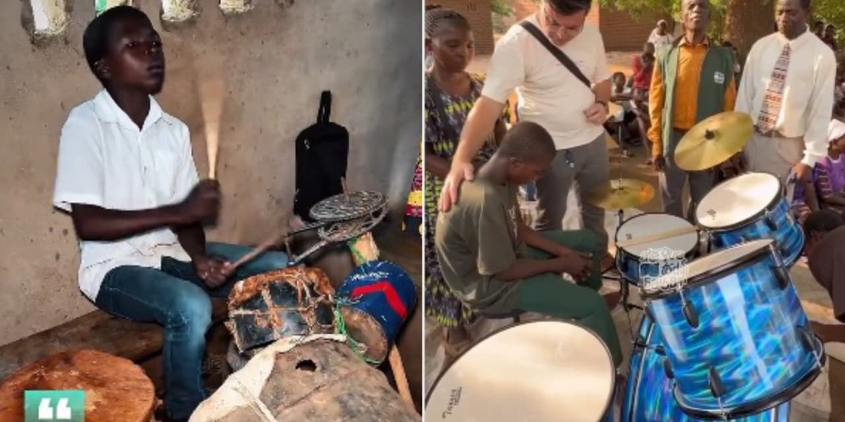Menino africano que tocava na igreja com sucata ganha bateria: “Deus realizou seu sonho”