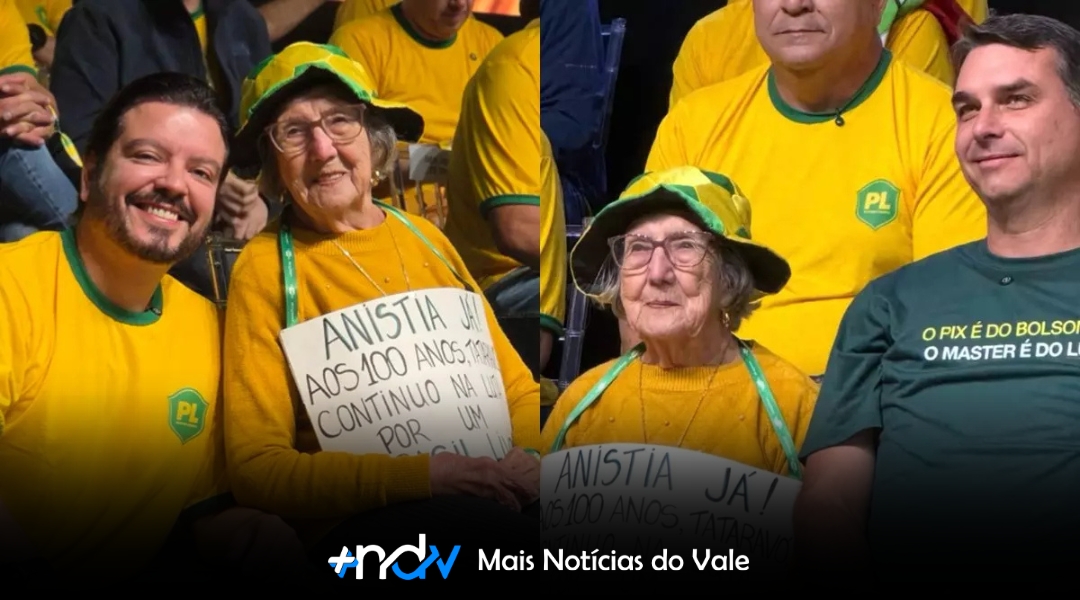 Dona Corilda, de 100 anos, conhece Flávio Bolsonaro em evento do PL em Florianópolis