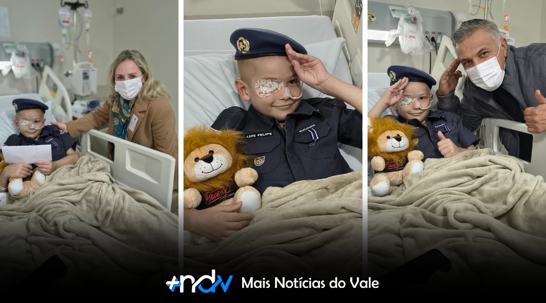 Luis Felipe, de 8 anos, em tratamento contra câncer recebe farda de policial militar no Hospital Santo Antônio
